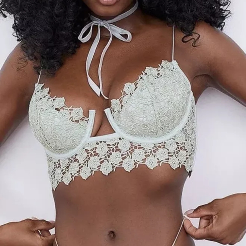 For Love & Lemons Sage mint Twinkle Rose Bustier bra rhinestone lace sz S